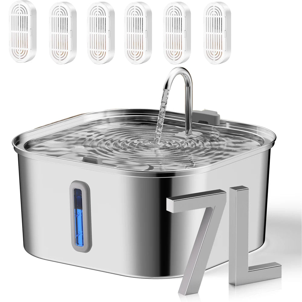 7L high-capacity stainless steel cat dog pet Fountain dispenser with water level window multi-layer filtering silent water pump
