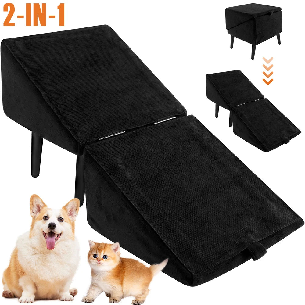 Split Ottoman Dog Ramp Folding Pet Steps Plush Indoor Dog Staircase Safety Ramp 2 In 1 Wooden Footstool Sofa Steps Pet Supplies