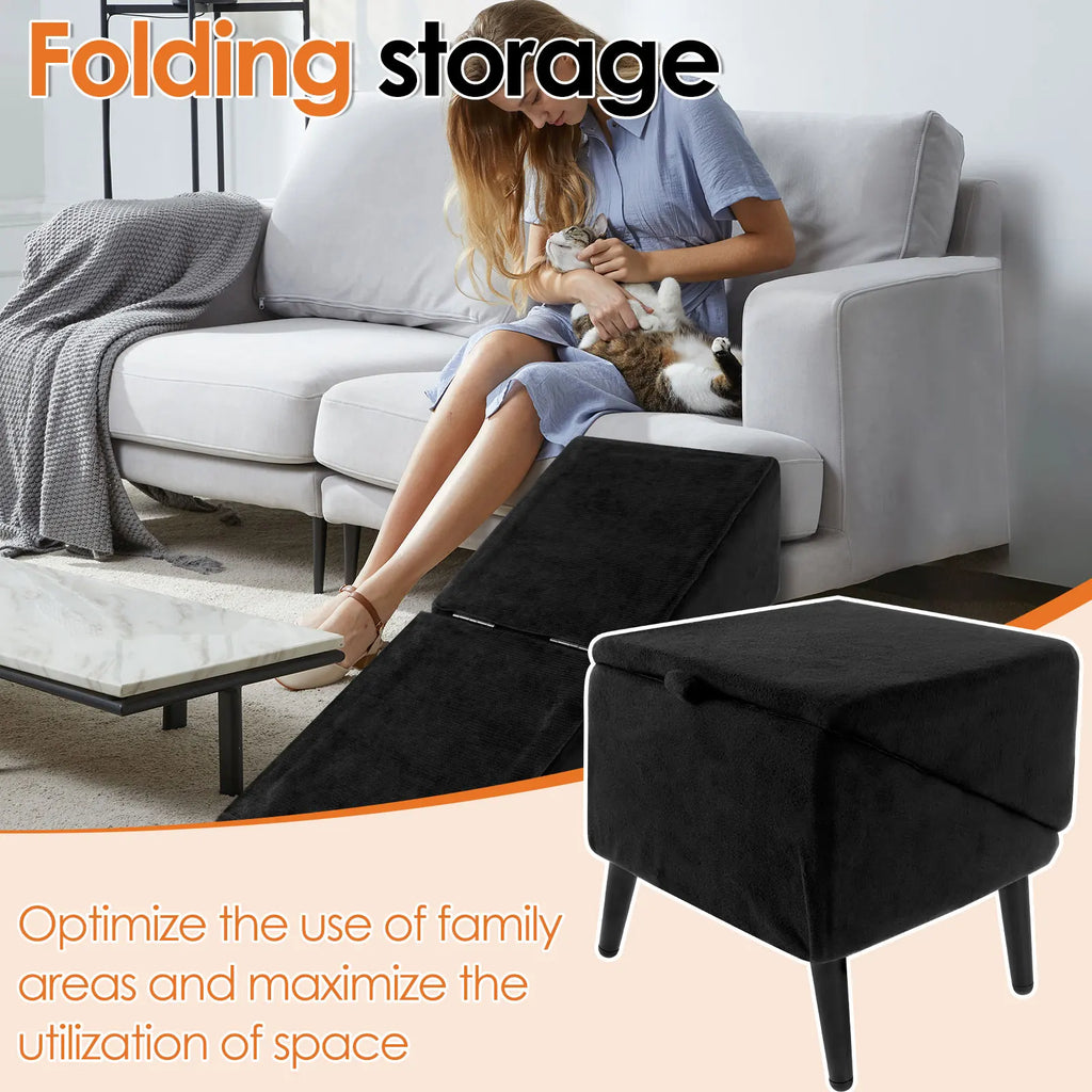 Split Ottoman Dog Ramp Folding Pet Steps Plush Indoor Dog Staircase Safety Ramp 2 In 1 Wooden Footstool Sofa Steps Pet Supplies