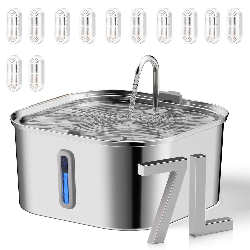 7L high-capacity stainless steel cat dog pet Fountain dispenser with water level window multi-layer filtering silent water pump
